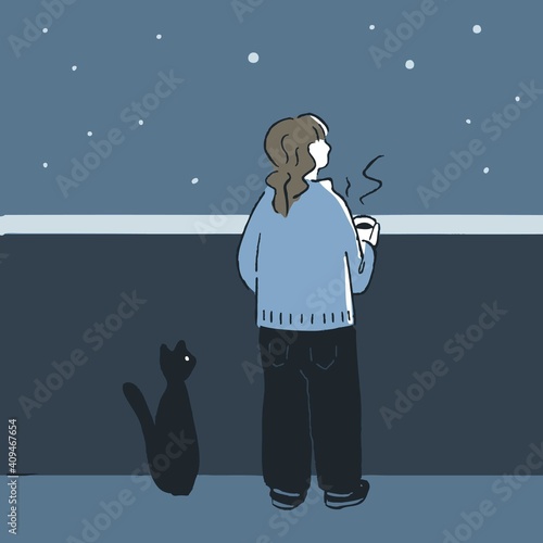 夜空を見ながらコーヒーを飲む女性と黒猫