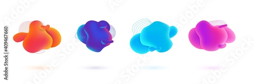 Fluid blobs banners. Gradient colorful liquid spots. Composition of bright bubbles and concentric circles. Isolated round shapes with cope space. Decorative multilayer smooth form, vector abstract set