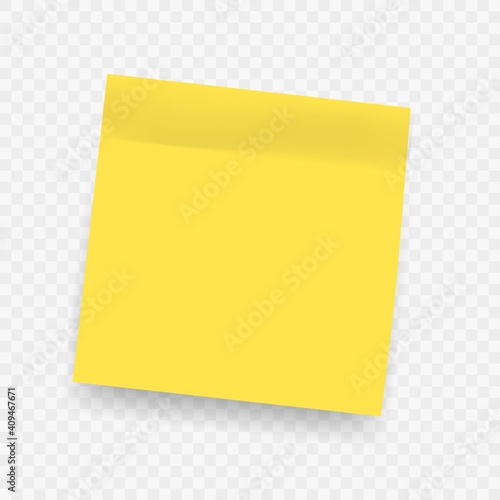 Yellow realistic sticky notes. Square post not with soft shadow isolated on transparent background. Vector message on notepaper, bright office stationery, memo blank, empty list reminder with glue