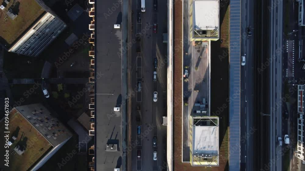 Birds eye view of buildings one sunny afternoon in the autumn in Mölndal, Sweden. Aerial 4K. Birds eye view of buildings one sunny afternoon in the autumn in Mölndal, Sweden. Aerial 4K.