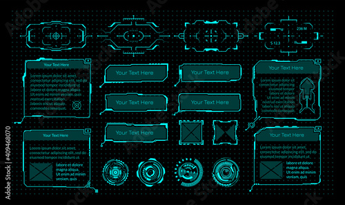 HUD elements. Cyberpunk virtual game interface. Modern neon frames with copy space, round viewfinders and radars or weapon sights. Digital dashboard isolated templates set. Vector hologram VR UI panel
