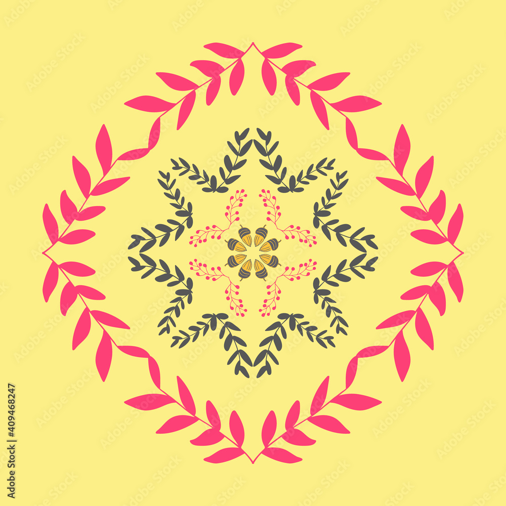A wreath of plants and acorns in red yellow colors