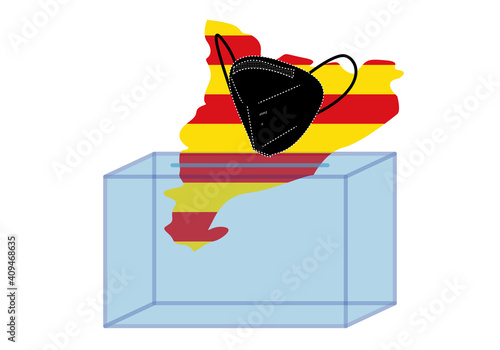 Elecciones catalanas durante la pandemia de la Covid-19. Urna con silueta de Cataluña, bandera de Cataluña y mascarilla