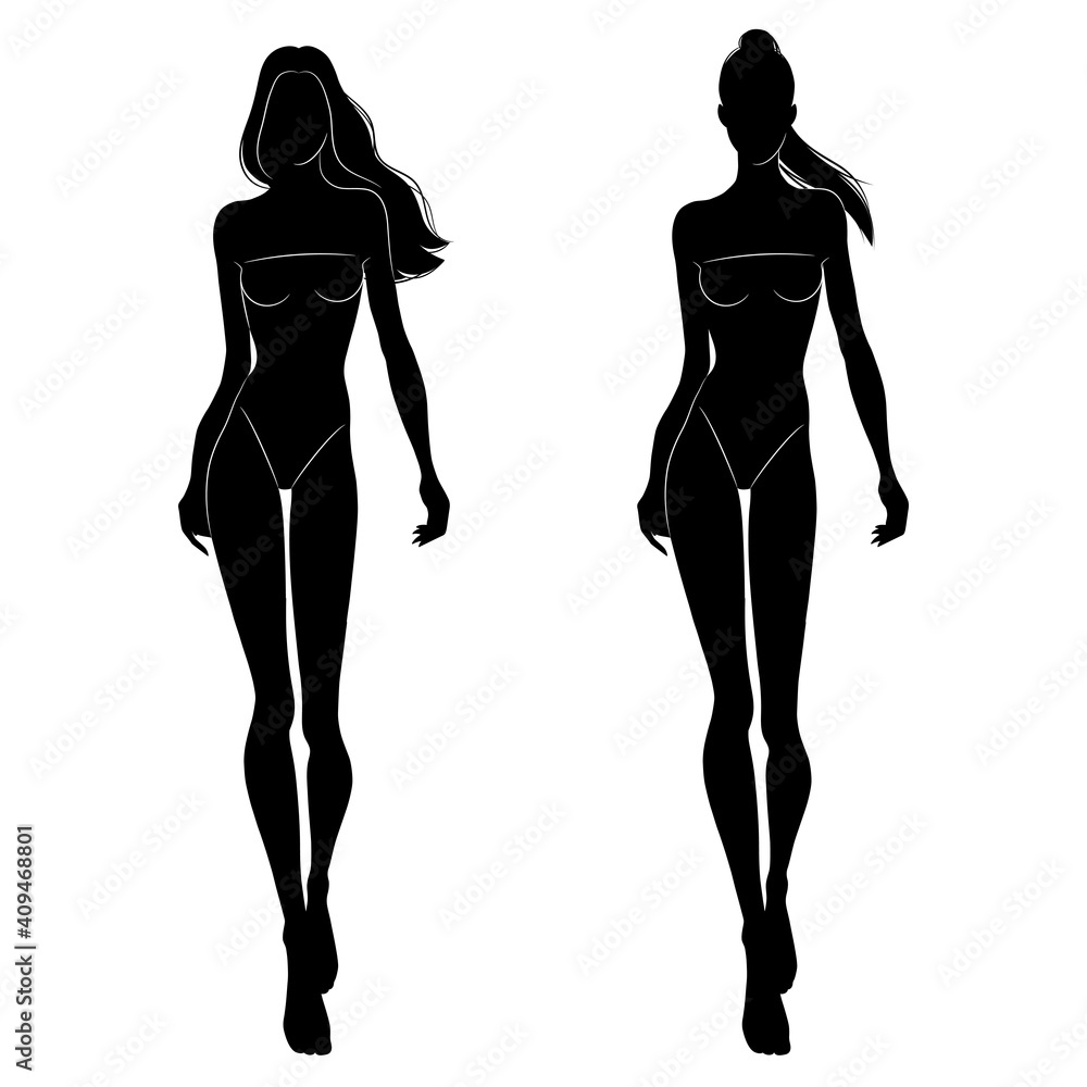 The black silhouettes of fashion models walking on the podium. Beautiful slim women isolated on a white background, vector illustration. The black silhouettes of fashion models walking on the podium. Beautiful slim women isolated on a white background, vector illustration.