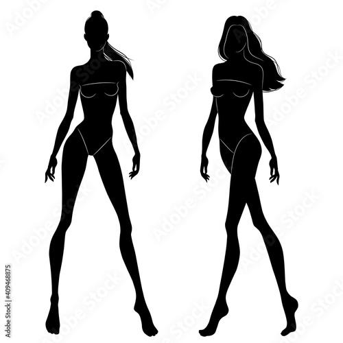 The black silhouettes of fashion models walking on the podium. Beautiful slim women isolated on a white background, vector illustration.