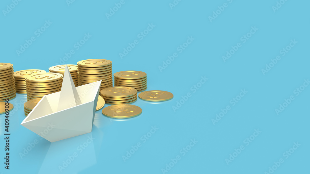 The boat paper and gold coins on blue background for blue ocean content 3d rendering. The boat paper and gold coins on blue background for blue ocean content 3d rendering.