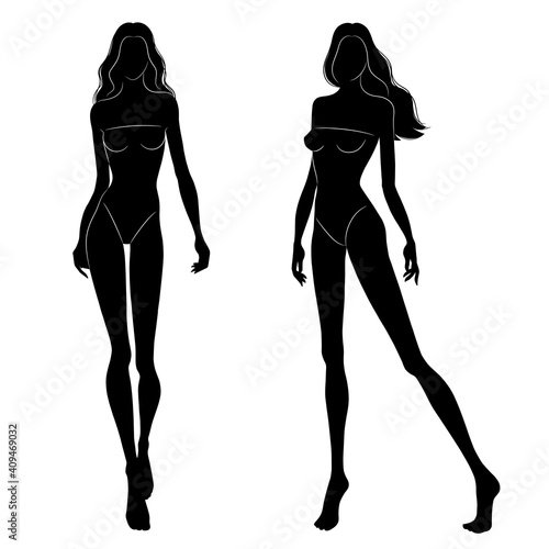 The black silhouettes of fashion models walking on the podium. Beautiful slim women isolated on a white background, vector illustration.