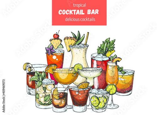 Alcoholic cocktails. Hand drawn vector illustration. Hand drawn drinks illustration. Cocktails set. Menu design elements.