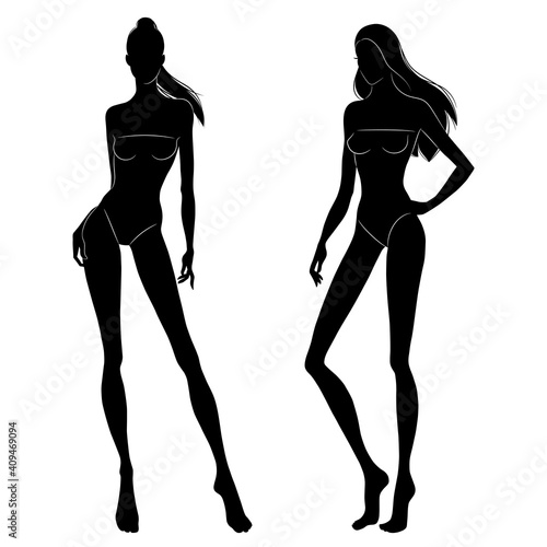 The black silhouettes of fashion models walking on the podium. Beautiful slim women isolated on a white background, vector illustration.