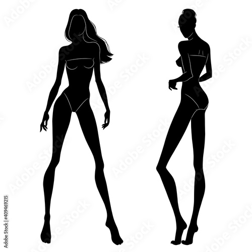 The black silhouettes of fashion models walking on the podium. Beautiful slim women isolated on a white background, vector illustration.