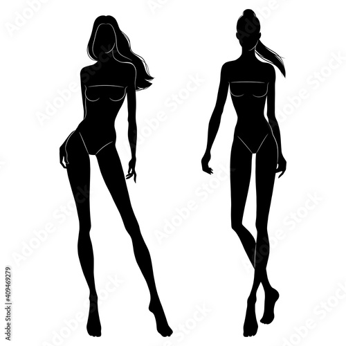 The black silhouettes of fashion models walking on the podium. Beautiful slim women isolated on a white background, vector illustration.