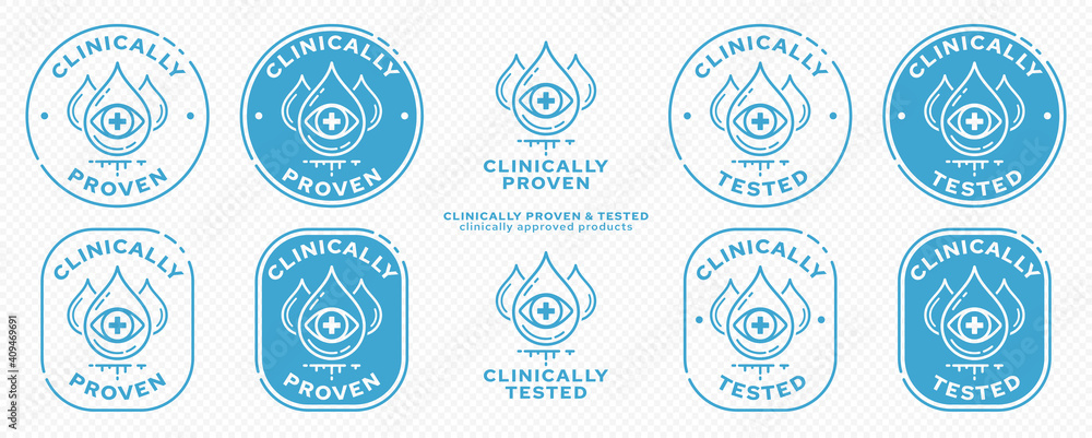 Concept Dies for Product Packaging - Clinically Proven. Tested drops-ingredients and an eye with a medical cross - a symbol of medical examination and approval. Vector