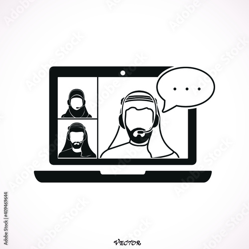  Home office in quarantine times. Digital communication. Internet teaching media. Video conference icon. People on computer screen. Black flat icon isolated on a black background.  