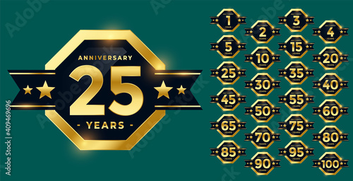 stylish anniversary label and badge set in golden set