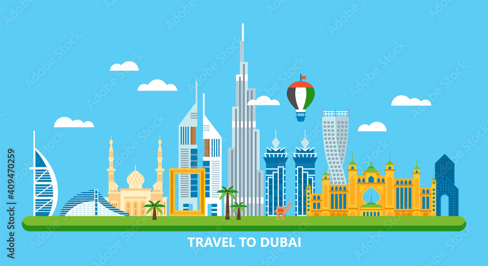 Travel to Dubai concept with skyline and famous buildings landmark