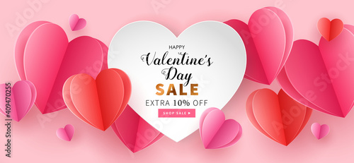 Valentine's day seamless background for social media advertising, invitation or poster design with paper art cut heart shapes. Vector illustration