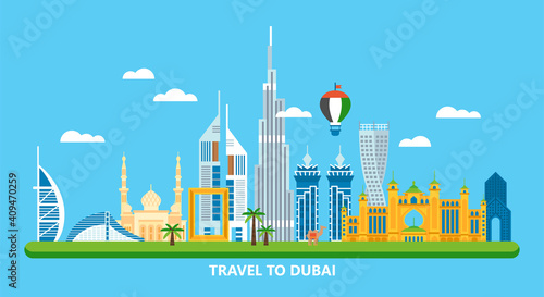 Travel to Dubai concept with skyline and famous buildings landmark
