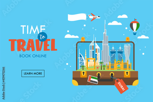 Travel to Dubai concept with skyline and famous buildings landmark in suitcase