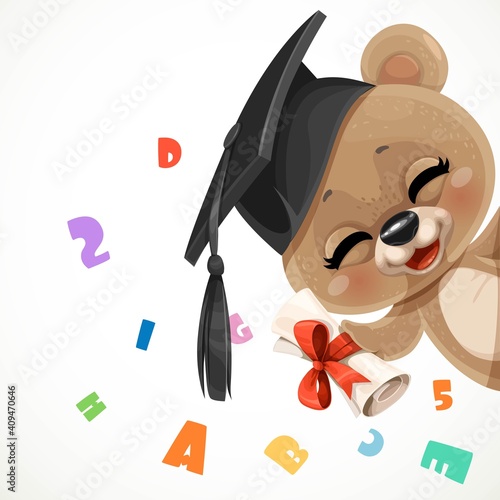 Cute cartoon baby bear in graduate hat waving hand with diploma isolated on white background