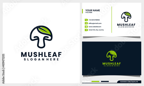 line art mushroom with nature leaf logo concept and business card template