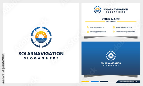 compass navigation with solar panel energy logo concept and business card template