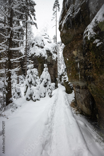 Scenic detail of path in Sandstone rocks in Winter - Adrspach, Czech republic © Tereza