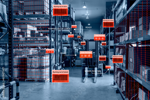 Fotografiet Smart warehouse management system using augmented reality technology to identify package picking and delivery