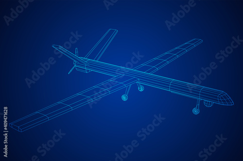 Military drone combat unmanned aerial vehicle. Recon aircraft plane. Wireframe low poly mesh vector illustration.