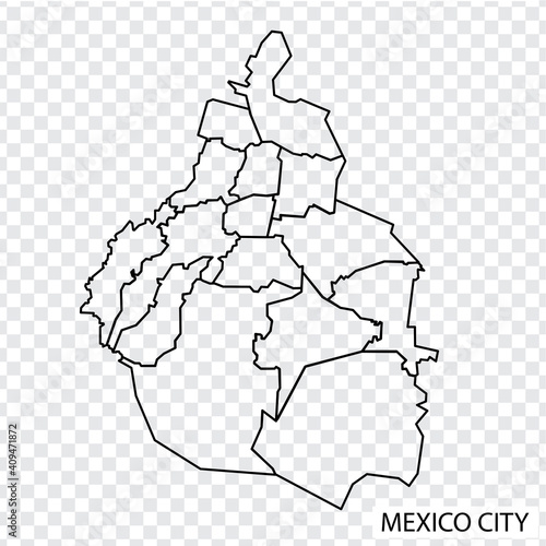 High Quality map of Mexico City is a capital  United Mexican States , with borders of the districts. Map of Mexico City for your web site design, app, UI. EPS10.