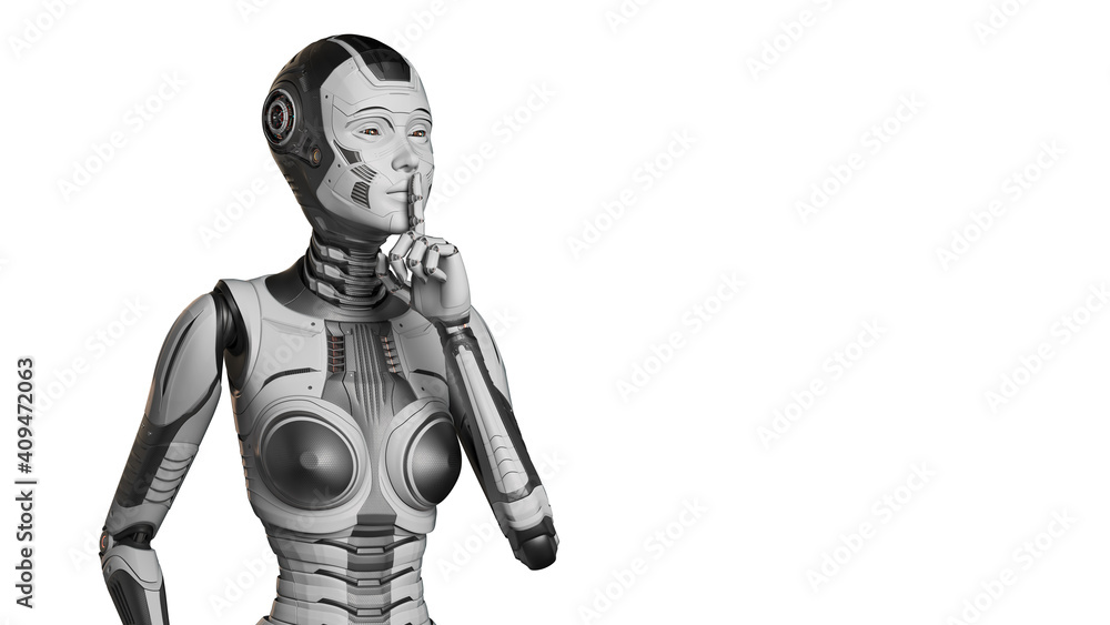3d render of detailed robot woman or humanoid cyber girl making keep silence gesture or touching her lips with forefinger. Upper body isolated on white background with copy space for text 3d render of detailed robot woman or humanoid cyber girl making keep silence gesture or touching her lips with forefinger. Upper body isolated on white background with copy space for text
