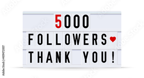 5000 followers, thank you. Text displayed on a vintage letter board light box. Vector illustration.