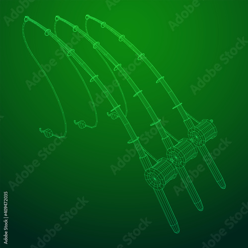 Fishing rod with line sinker and hook. Wireframe low poly mesh vector illustration.