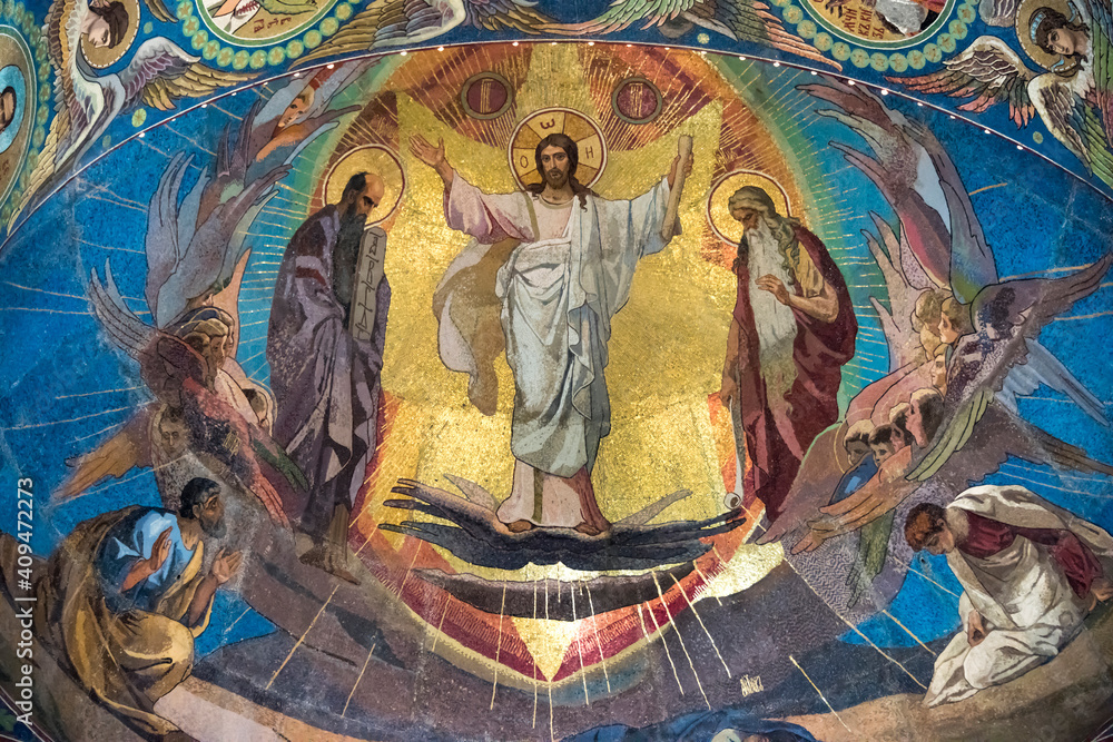 Church of the Resurrection  in St. Petersburg. The mosaics in th - obrazy, fototapety, plakaty 