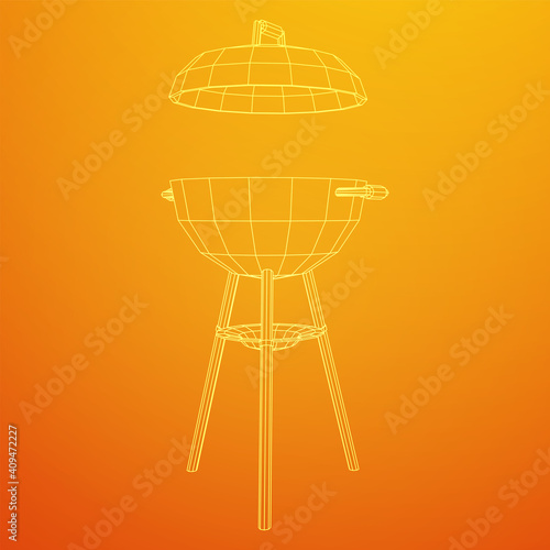 Round barbecue grill. Outdoor bbq party. Wireframe low poly mesh vector illustration