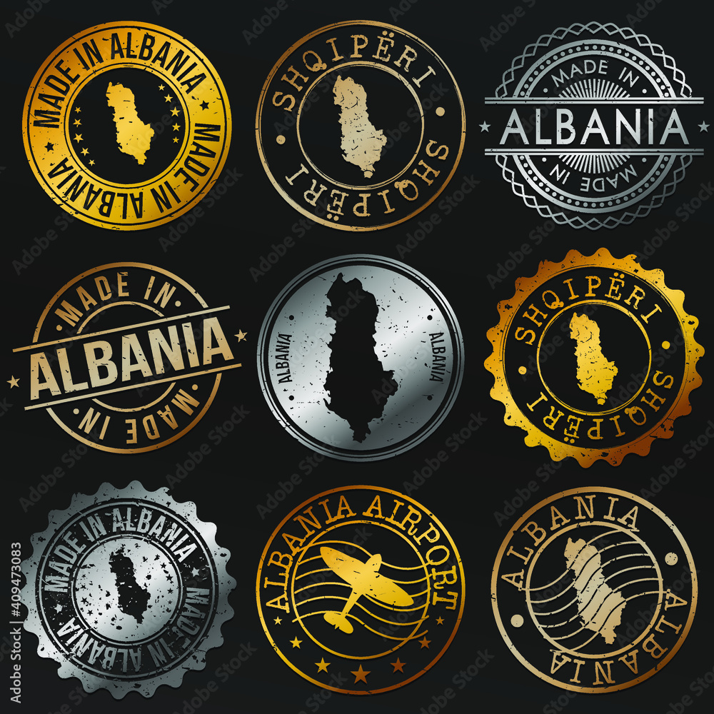 Albania Map Metal Stamps. Gold Made In Product Seal. National Logo Icon. Symbol Design Insignia Country.