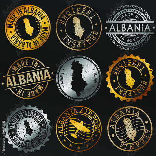 Albania Map Metal Stamps. Gold Made In Product Seal. National Logo Icon. Symbol Design Insignia Country.