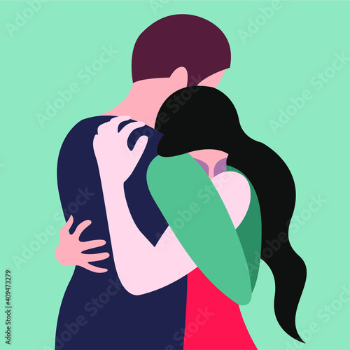 vector flat highly stylized illustration of two people hugging in a non standard color palette. the illustration can be used as a postcard for Valentine's Day or International Hug Day.