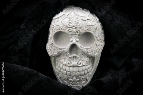 skull  on black velvet background - Halloween - Day of the death