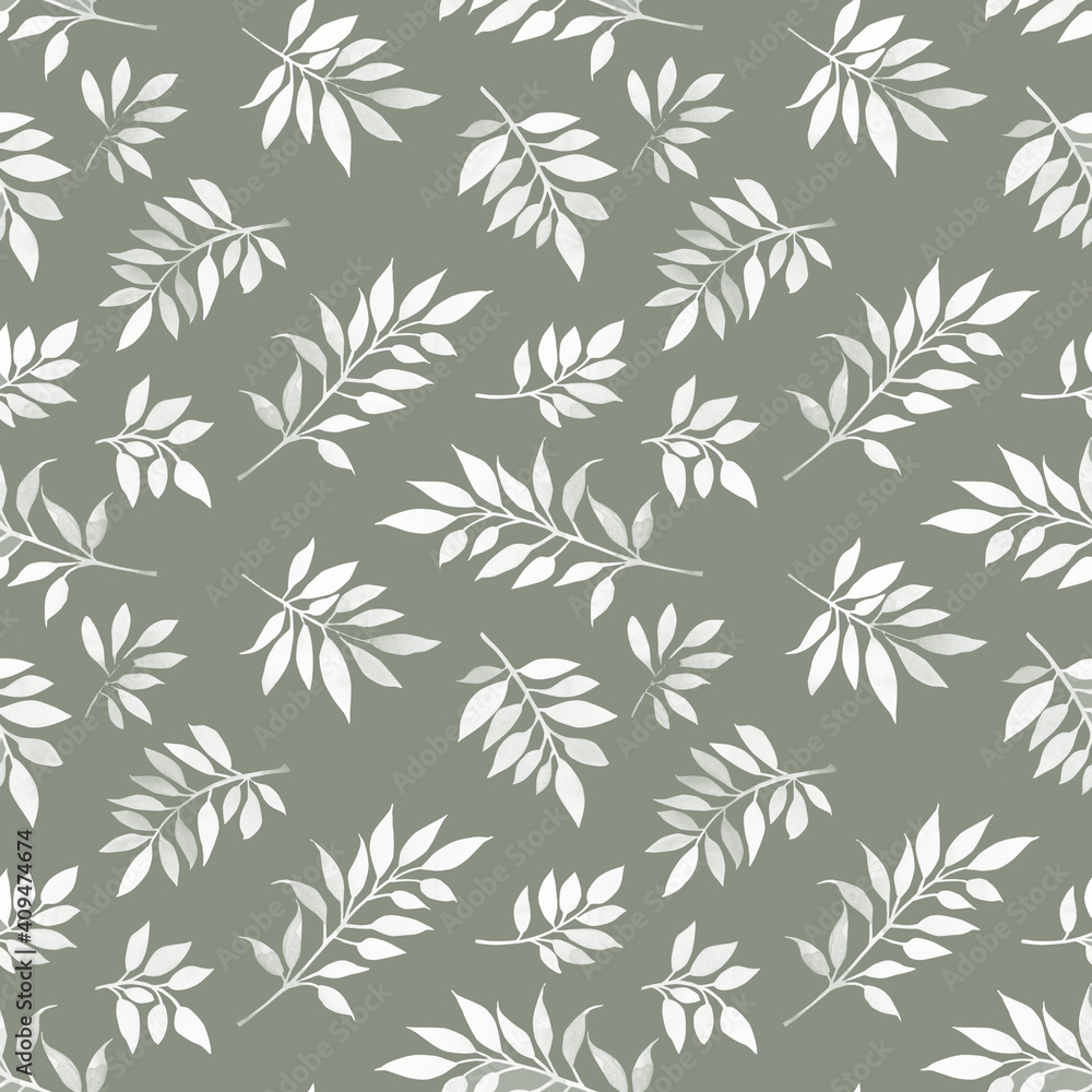 Seamless monochrome floral pattern with twigs and leaves for design use