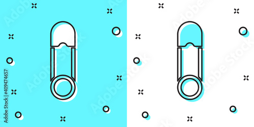 Black line Classic closed steel safety pin icon isolated on green and white background. Random dynamic shapes. Vector Illustration.