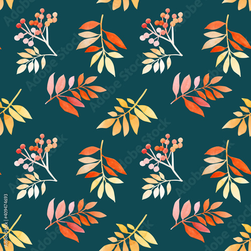 Hand-drawn seamless pattern with multicolored rainbow twigs.twigs and berries .