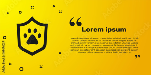Black Animal health insurance icon isolated on yellow background. Pet protection concept. Dog or cat paw print. Vector.