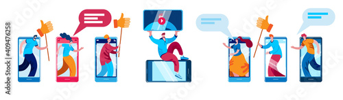 Subscribers rate the video of their video blogger. The concept of a vector illustration on the topic of the success of video blogging.