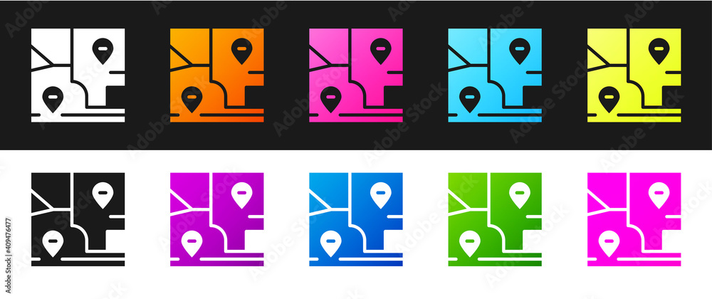 Set Folded map with location marker icon isolated on black and white background. Vector. Set Folded map with location marker icon isolated on black and white background. Vector.