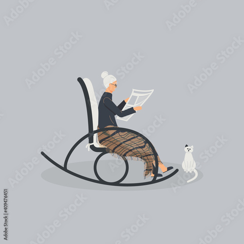 Elderly cute woman is sitting in a rocking chair.Old lady covered her feet with checked woollen plaid.Cartoon granny is reading newspaper in a comfortable rocker.Cat sit next.Vector illustration