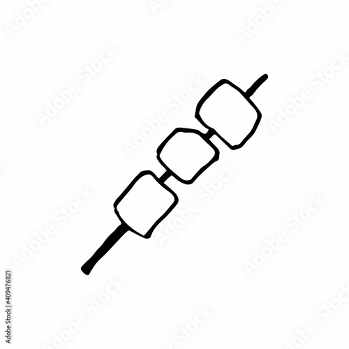 Vector illustration in doodle style of marshmallows on skewer. Camping fire icon. For prints, stationery, stickers, logo, food blog, picnics, web, flyers. Campsite bonfire summer party. Grilled food 
