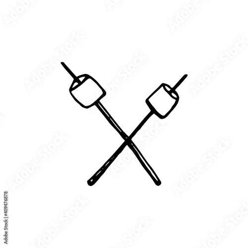 Vector illustration in doodle style of marshmallows on skewers. Grilled food. Camping fire icon. For prints, stationery, stickers, logo, food blog, picnics, web, flyers. Campsite bonfire summer party
