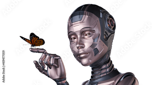 3d render of detailed robot woman or humanoid cyber girl looking at a butterfly sitting on her forefinger. Closeup view isolated on white background
