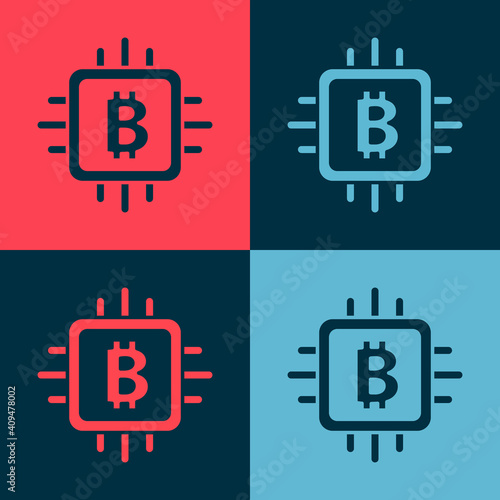 Pop art CPU mining farm icon isolated on color background. Bitcoin sign inside processor. Cryptocurrency mining community. Digital money. Vector.