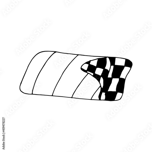Vector illustration in doodle style of checkered sleeping bag. Camping, picnic or hiking sleeping equipment.Tourist, camp icon for prints, stickers, coloring books, flyers, travel blog, web, postcards